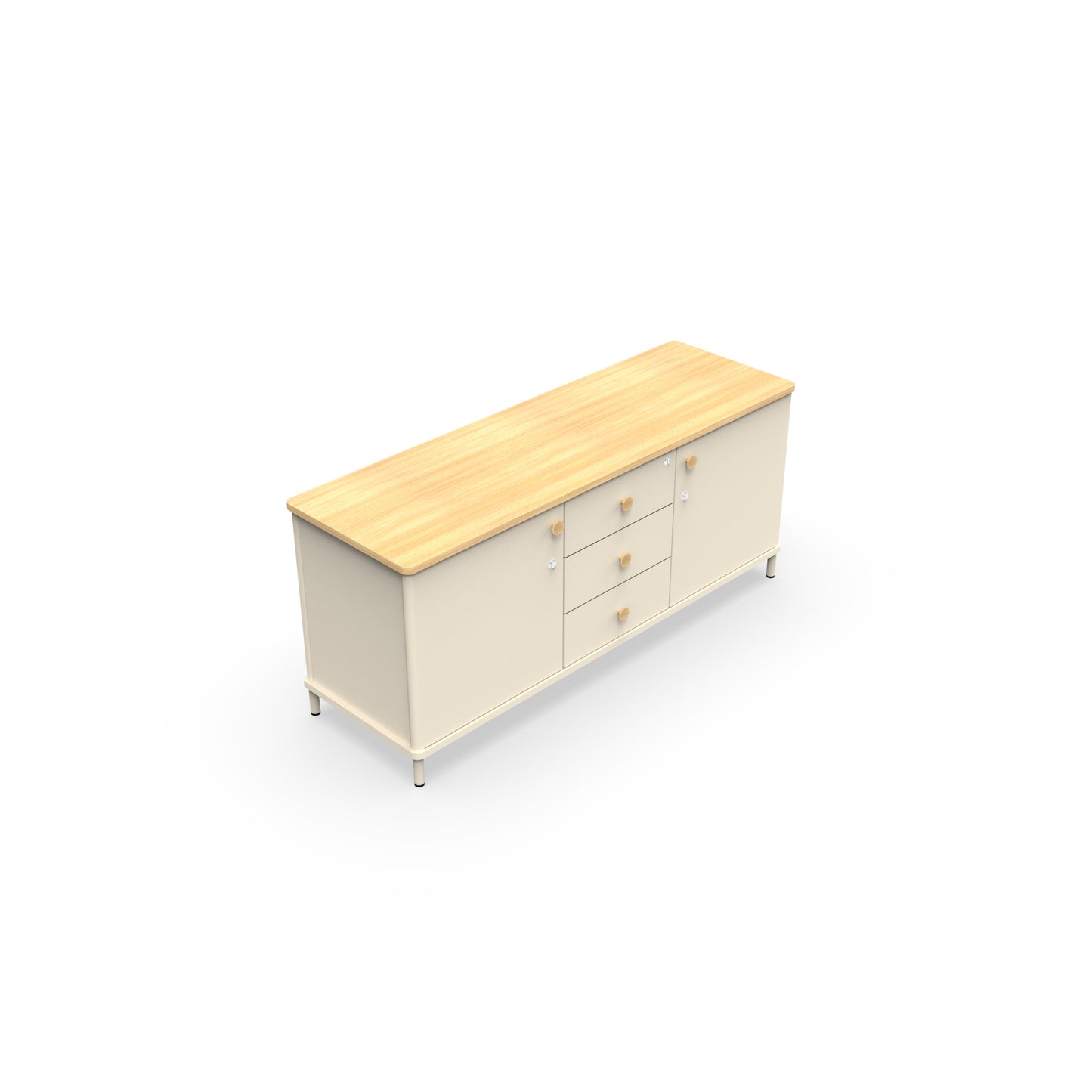 Crédence de bureau L. 141 cm Karl avec structure en mélamine Lin et façades en métal blanc nacré, poignées en chêne massif.