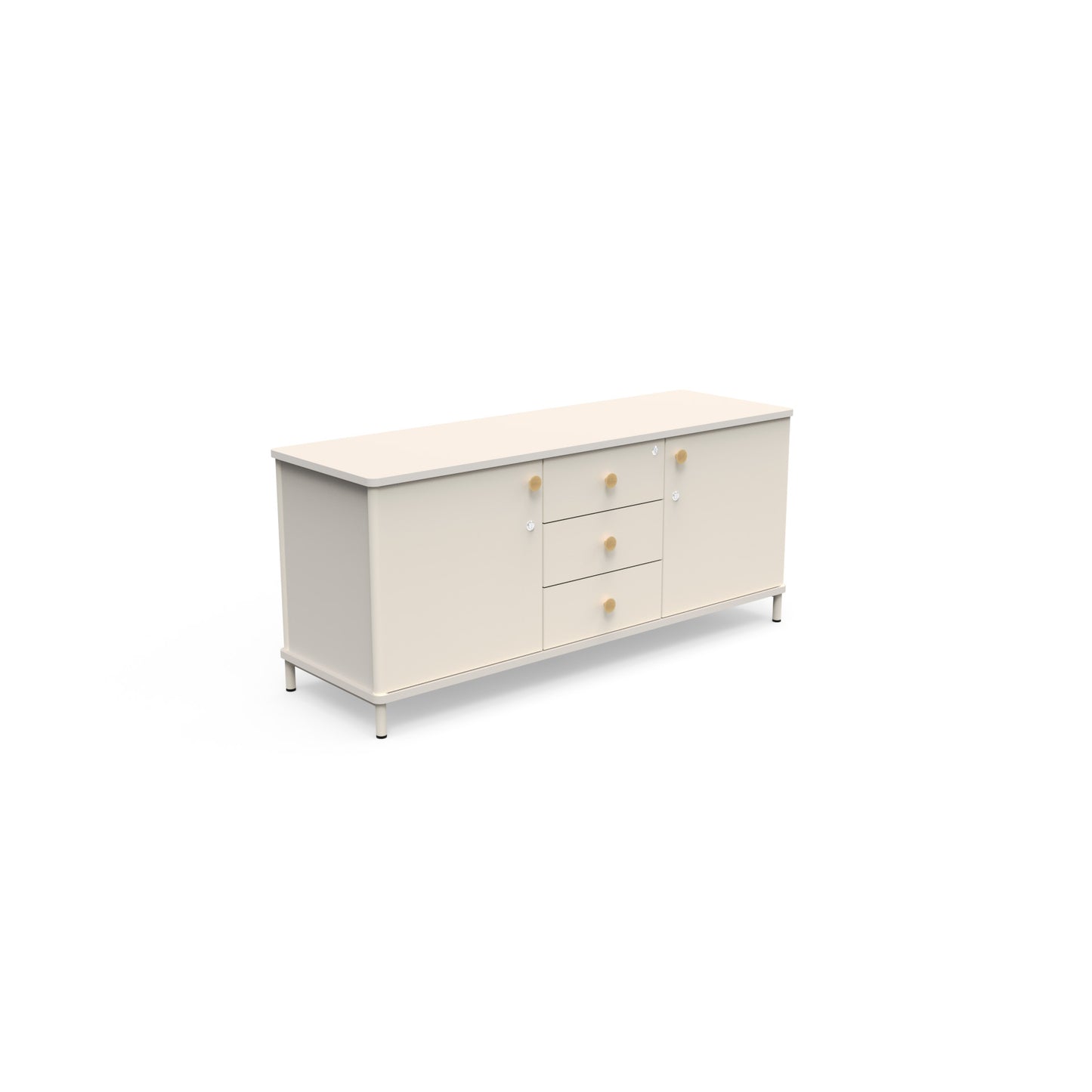 Crédence de bureau L. 141 cm Karl avec structure et façades métalliques finition Lin, offrant un design unifié et lumineux.