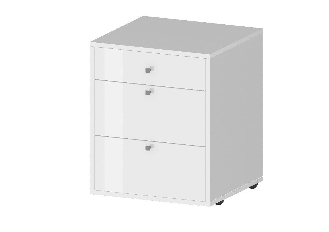 DALIA 3-Drawer Mobile File Cabinet by Web Furniture, featuring rolling casters, lockable drawers for secure filing, and a compact design that fits beneath a desk. Glossy white.