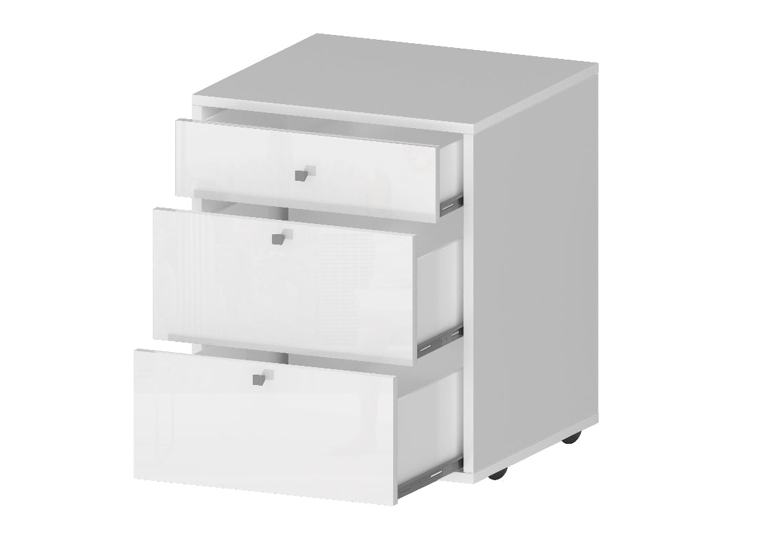 DALIA 3-Drawer Mobile File Cabinet by Web Furniture, featuring rolling casters, lockable drawers for secure filing, and a compact design that fits beneath a desk. Open drawers, glossy white.