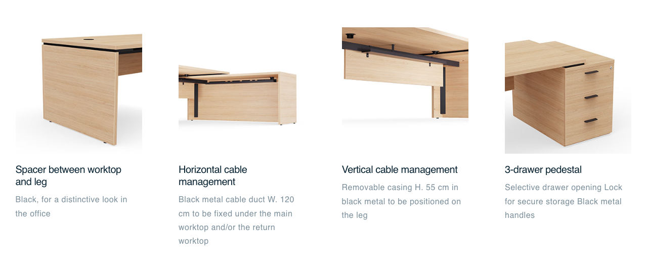 Détails des fonctionnalités du bureau de direction Kara incluant l'entretoise sous plateau, le système de gestion des câbles horizontal et vertical, et le caisson porteur à 3 tiroirs.