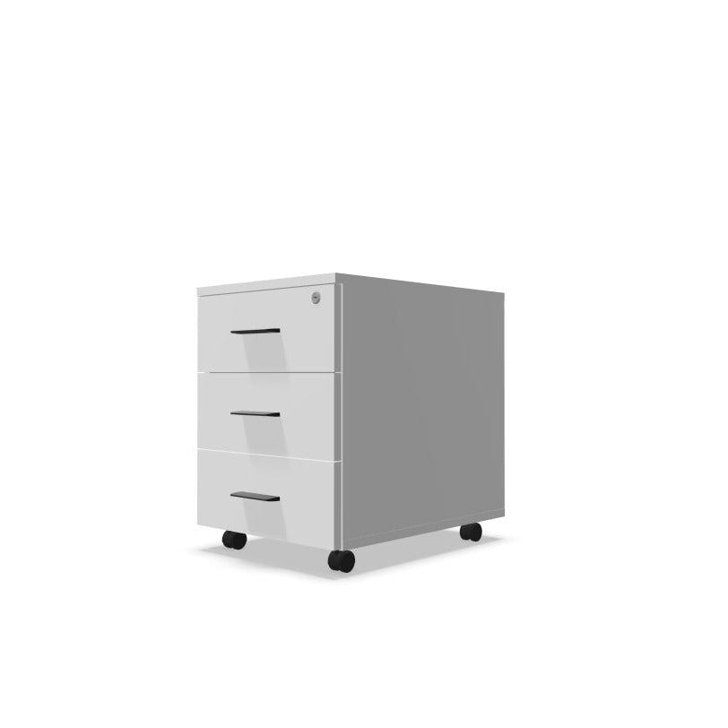 Melina Mobile Pedestal from EOL with three lockable drawers and file storage, featuring a durable construction and customizable handle colors (Black or White) for personalized office design white with black handles. 