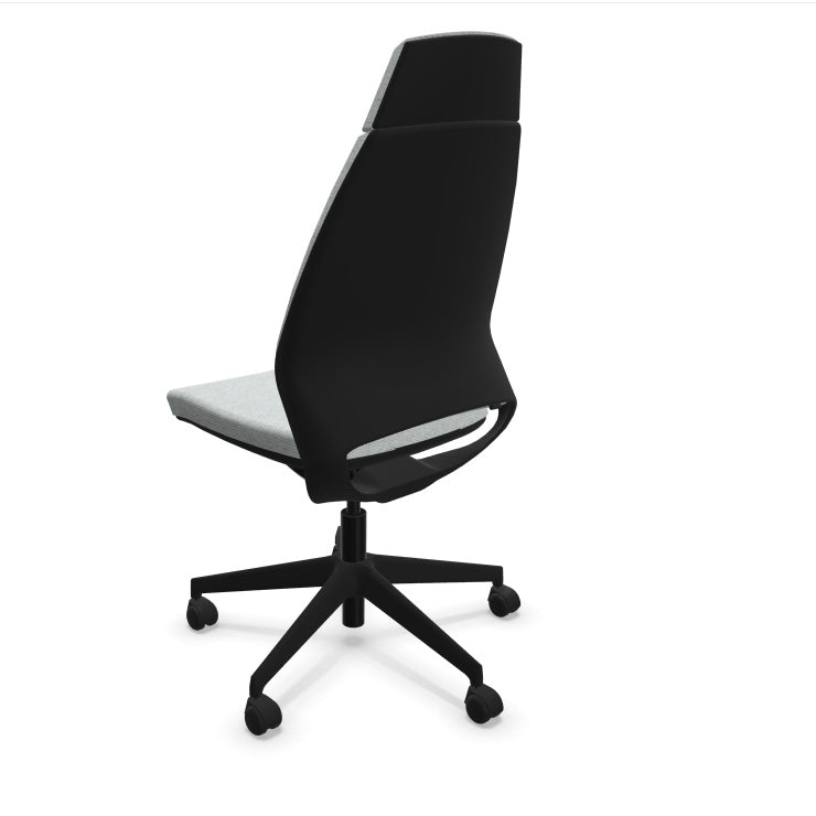 Eliott Ergonomic Office Chair from EOL, featuring a high backrest for full spinal support and an armless design, ideal for fitting neatly under desks or for collaborative task environments. Back view.