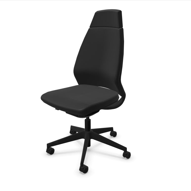 Eliott Ergonomic Office Chair from EOL, featuring a high backrest for full spinal support and an armless design, ideal for fitting neatly under desks or for collaborative task environments. Black