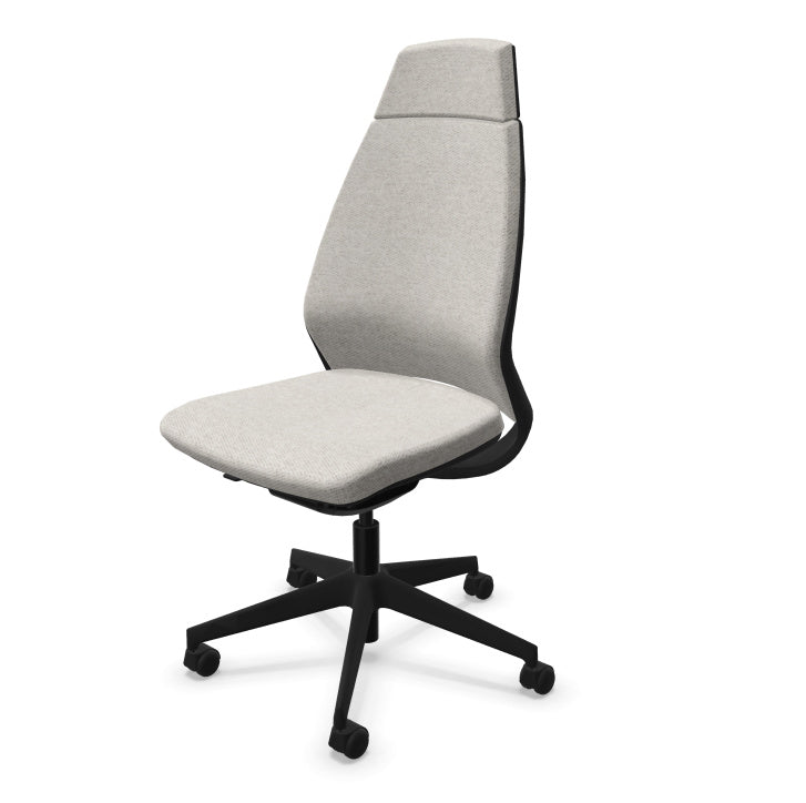Eliott Ergonomic Office Chair from EOL, featuring a high backrest for full spinal support and an armless design, ideal for fitting neatly under desks or for collaborative task environments. Mottled beige.