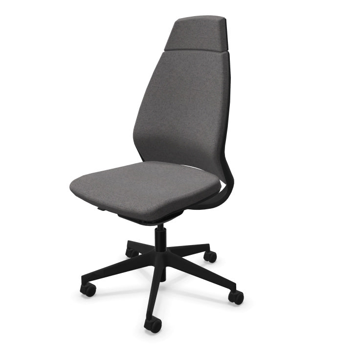Eliott Ergonomic Office Chair from EOL, featuring a high backrest for full spinal support and an armless design, ideal for fitting neatly under desks or for collaborative task environments. Mottled cacao
