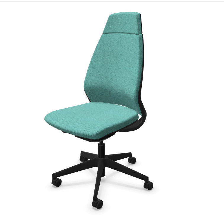 Eliott Ergonomic Office Chair from EOL, featuring a high backrest for full spinal support and an armless design, ideal for fitting neatly under desks or for collaborative task environments. Mottled celadon 