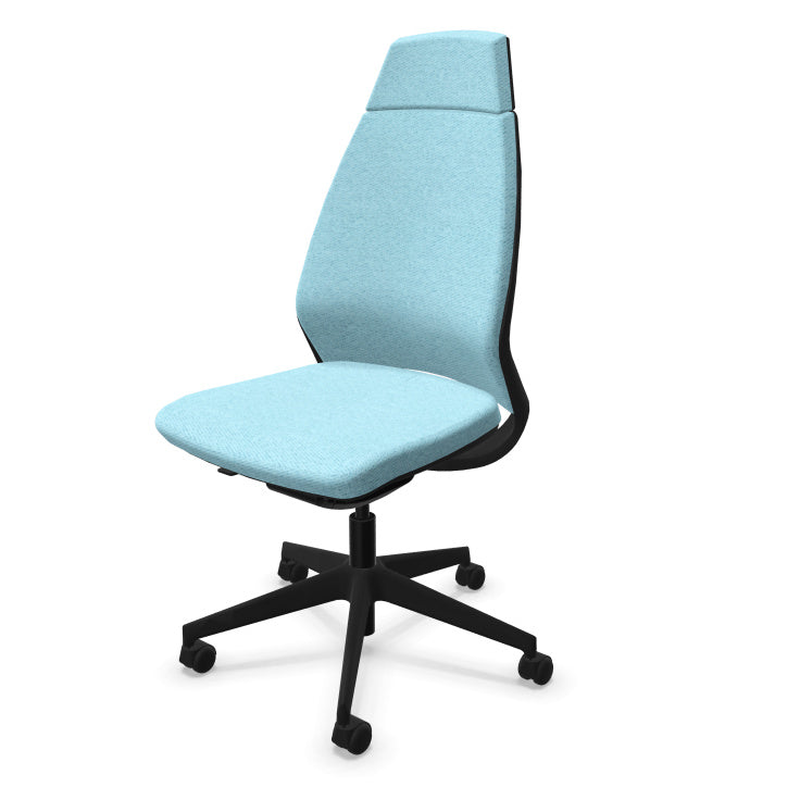 Eliott Ergonomic Office Chair from EOL, featuring a high backrest for full spinal support and an armless design, ideal for fitting neatly under desks or for collaborative task environments. Mottled frosty blue