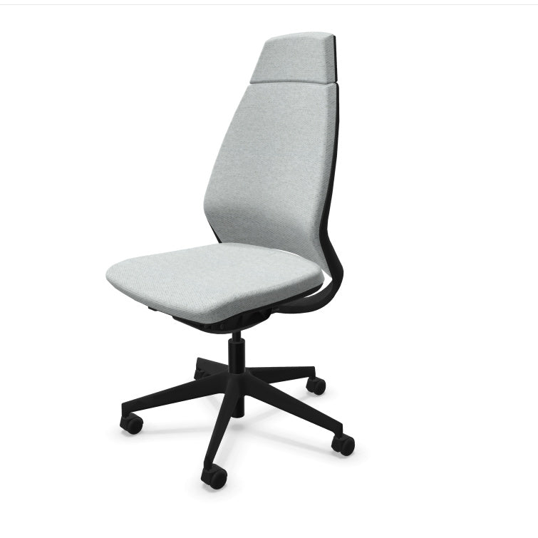 Eliott Ergonomic Office Chair from EOL, featuring a high backrest for full spinal support and an armless design, ideal for fitting neatly under desks or for collaborative task environments. Mottled light grey.