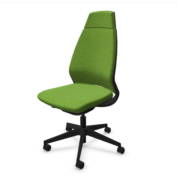 Eliott Ergonomic Office Chair from EOL, featuring a high backrest for full spinal support and an armless design, ideal for fitting neatly under desks or for collaborative task environments. Mottled olive green.