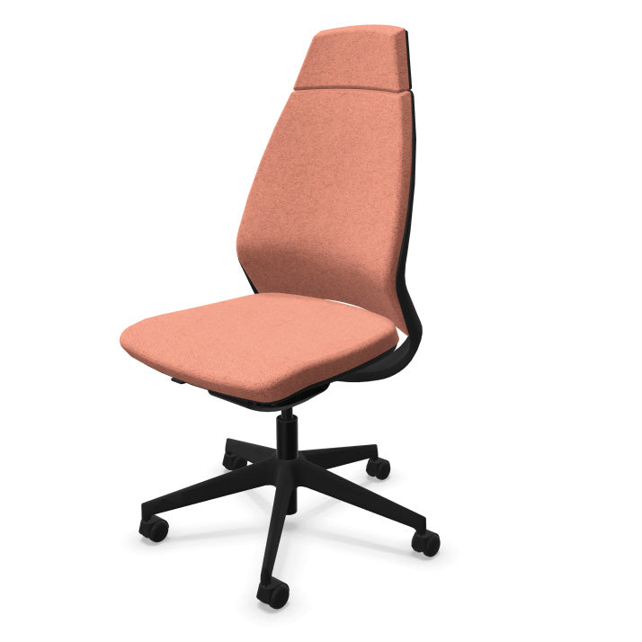 Eliott Ergonomic Office Chair from EOL, featuring a high backrest for full spinal support and an armless design, ideal for fitting neatly under desks or for collaborative task environments. Mottled salmon