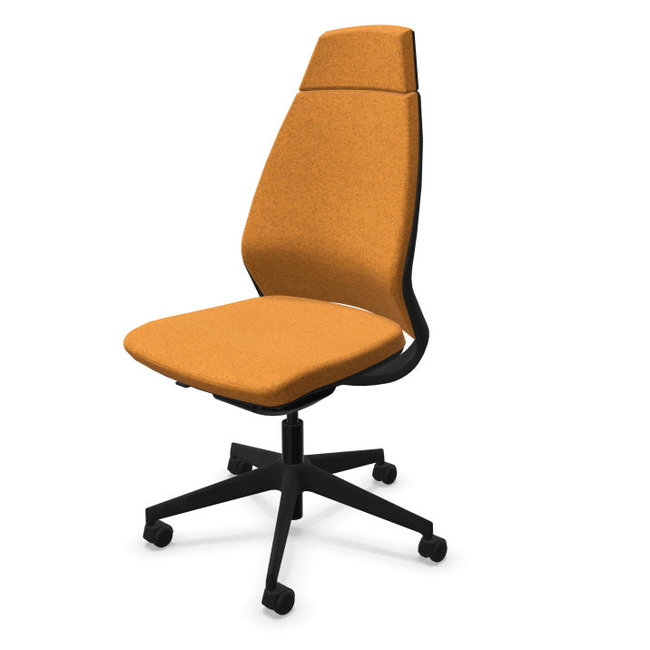 Eliott Ergonomic Office Chair from EOL, featuring a high backrest for full spinal support and an armless design, ideal for fitting neatly under desks or for collaborative task environments. Mottled turmeric. 