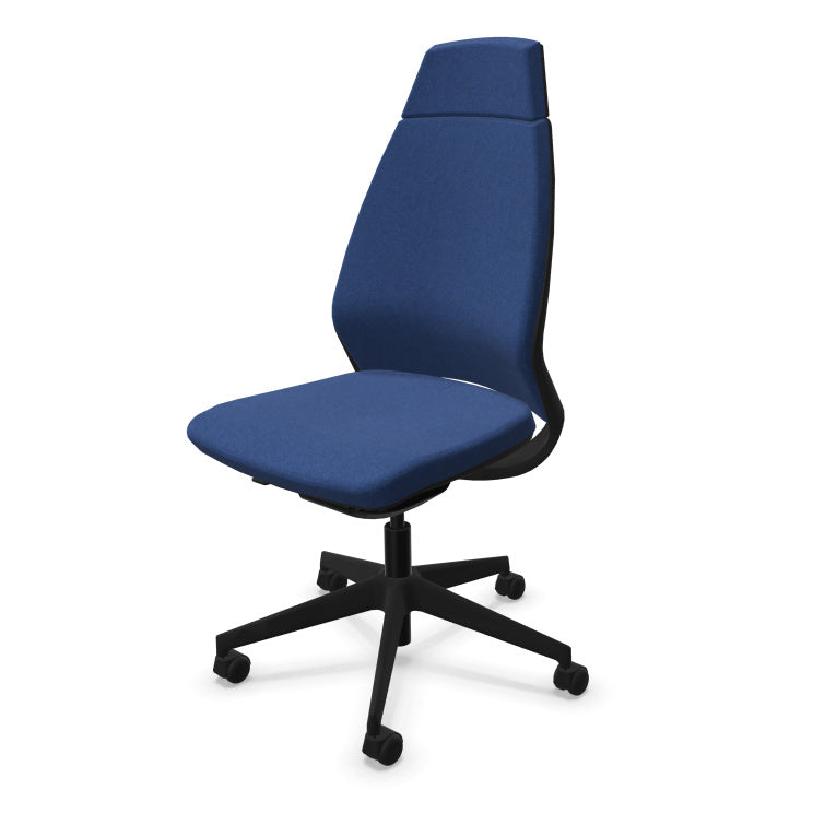 Eliott Ergonomic Office Chair from EOL, featuring a high backrest for full spinal support and an armless design, ideal for fitting neatly under desks or for collaborative task environments. Mottled midnight blue