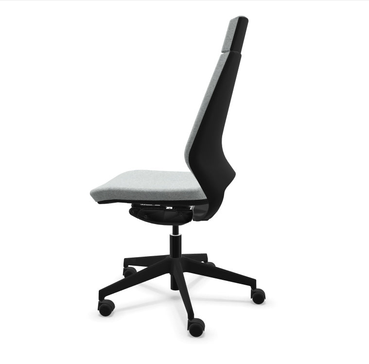 Eliott Ergonomic Office Chair from EOL, featuring a high backrest for full spinal support and an armless design, ideal for fitting neatly under desks or for collaborative task environments. Side view. 