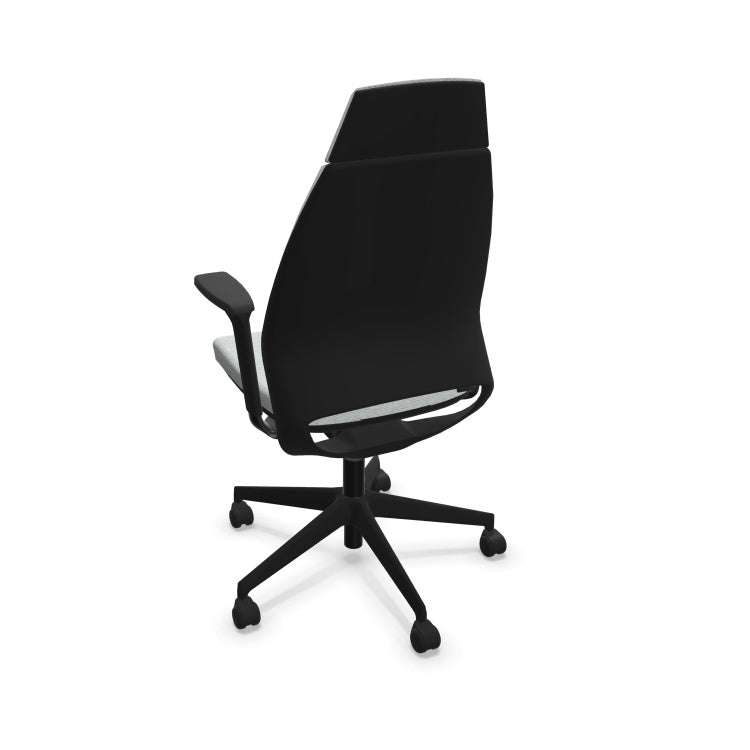 Eliott Ergonomic Office Chair from EOL, featuring a supportive high backrest and fully adjustable 3D armrests, designed for personalized, all-day comfort and superior task support. Back side view. Mottled light grey.