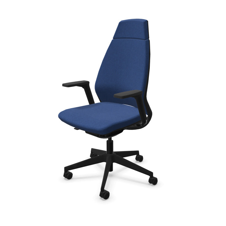 Eliott Ergonomic Office Chair from EOL, featuring a supportive high backrest and fully adjustable 3D armrests, designed for personalized, all-day comfort and superior task support. Mottled midnight blue