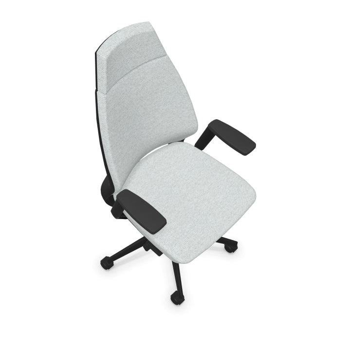 Eliott Ergonomic Office Chair from EOL, featuring a supportive high backrest and fully adjustable 3D armrests, designed for personalized, all-day comfort and superior task support. Arial view. Mottled light grey.