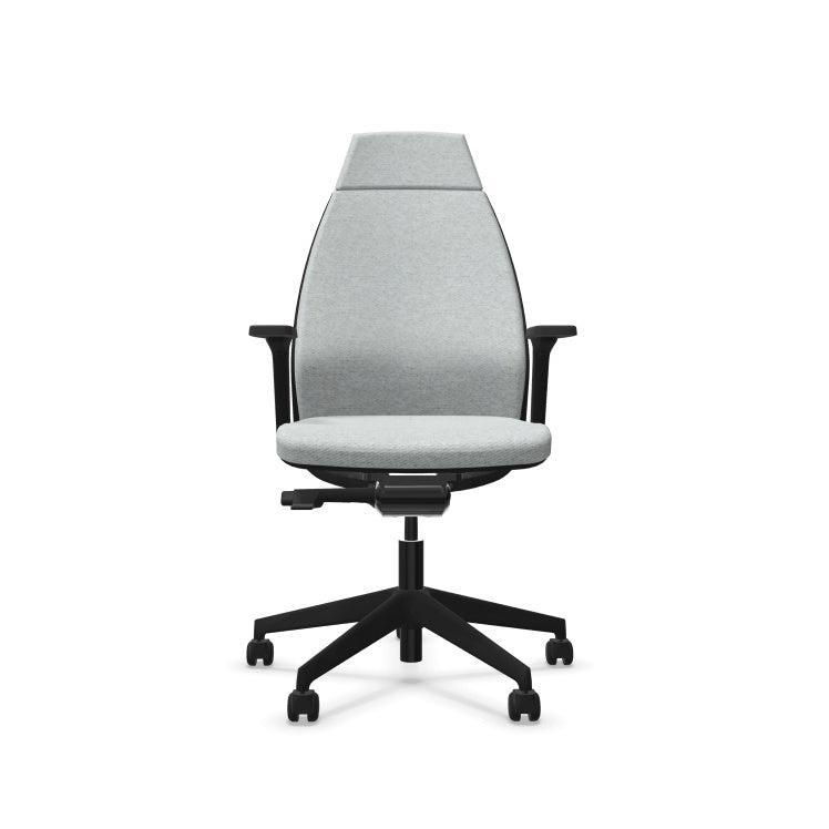 Eliott Ergonomic Office Chair from EOL, featuring a supportive high backrest and fully adjustable 3D armrests, designed for personalized, all-day comfort and superior task support. Front view. Mottled light grey.