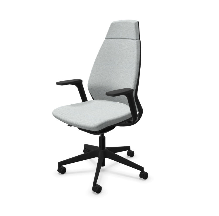 Eliott Ergonomic Office Chair from EOL, featuring a supportive high backrest and fully adjustable 3D armrests, designed for personalized, all-day comfort and superior task support. Mottled light grey.
