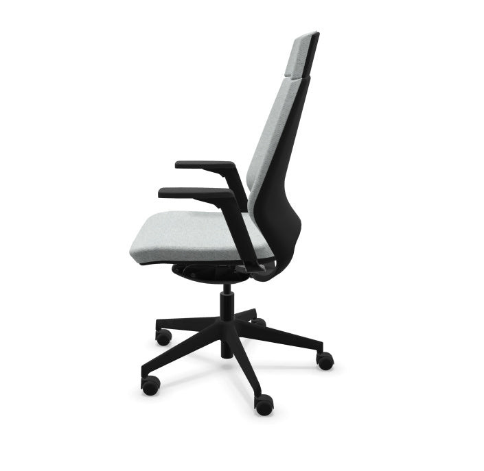 Eliott Ergonomic Office Chair from EOL, featuring a supportive high backrest and fully adjustable 3D armrests, designed for personalized, all-day comfort and superior task support. Side view. Mottled light grey.