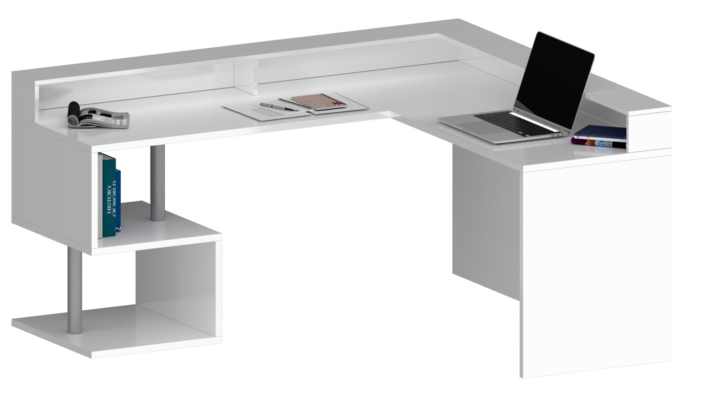ESSE Corner Desk by Web Furniture. This space-efficient desk is designed to fit into corners and includes an elevated monitor stand for improved ergonomics and desktop organization. Back view. Color glossy white.