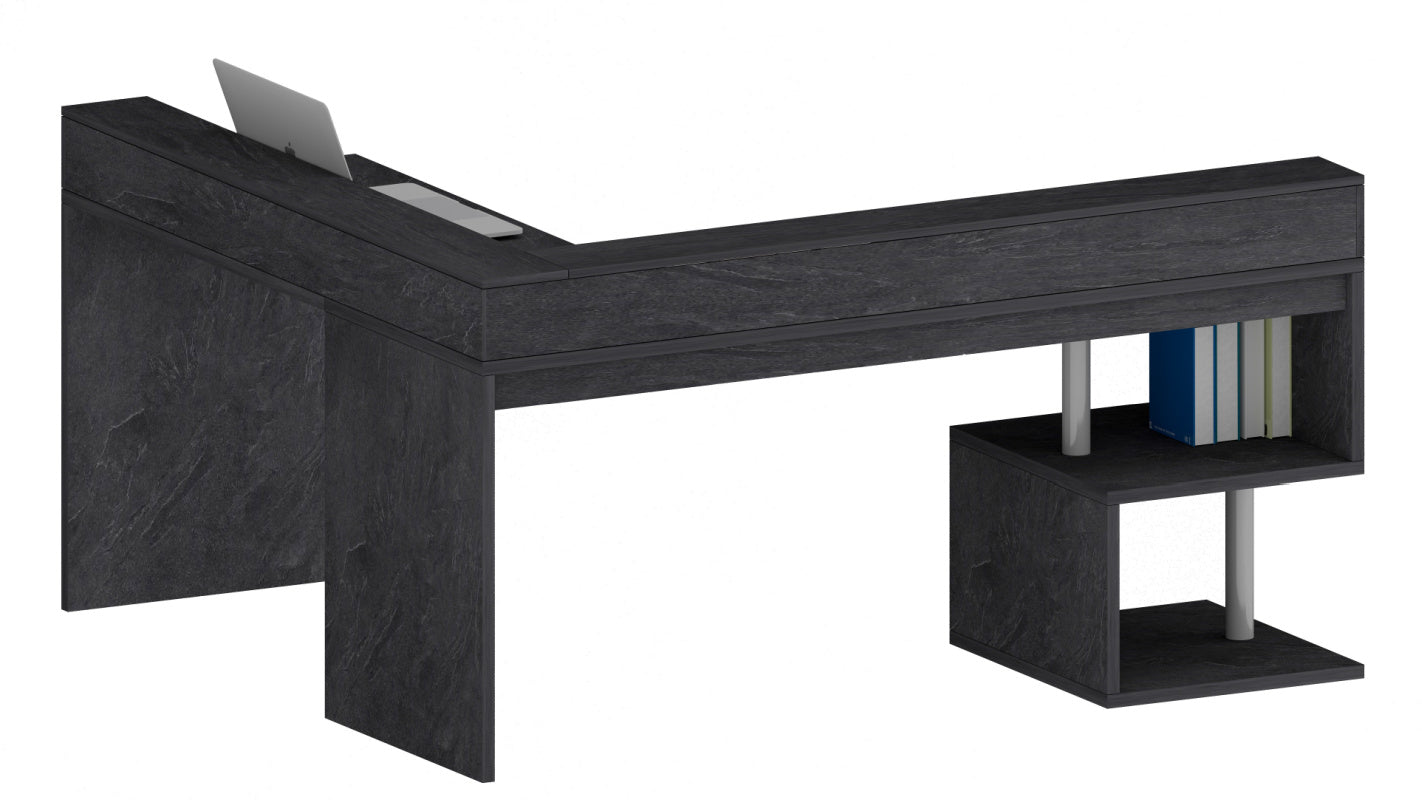 ESSE Corner Desk by Web Furniture. This space-efficient desk is designed to fit into corners and includes an elevated monitor stand for improved ergonomics and desktop organization. Front angle view. Color report.