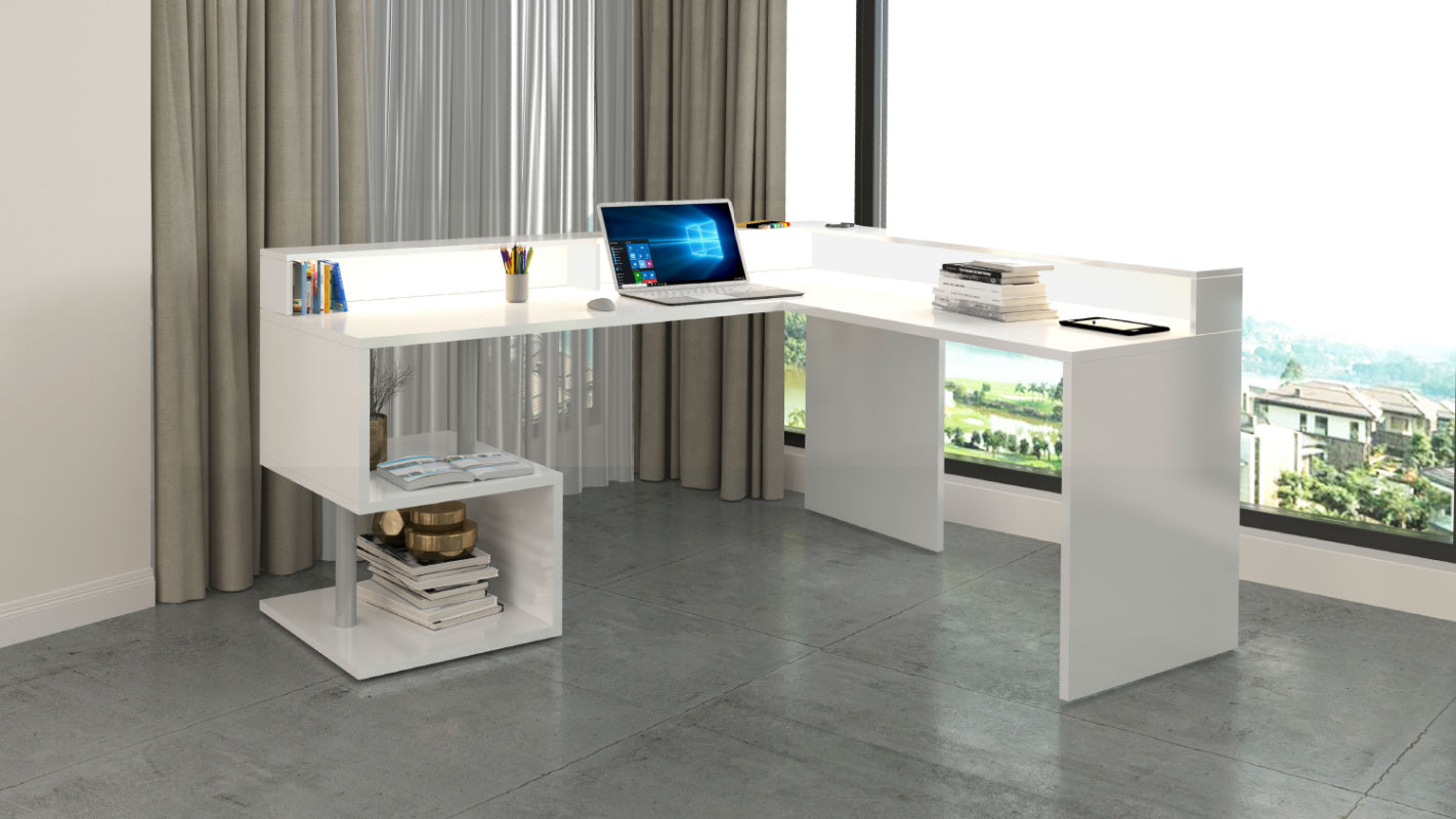 ESSE Corner Desk by Web Furniture. This space-efficient desk is designed to fit into corners and includes an elevated monitor stand for improved ergonomics and desktop organization. Glossy white.