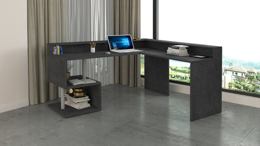 ESSE Corner Desk by Web Furniture. This space-efficient desk is designed to fit into corners and includes an elevated monitor stand for improved ergonomics and desktop organization. Report.