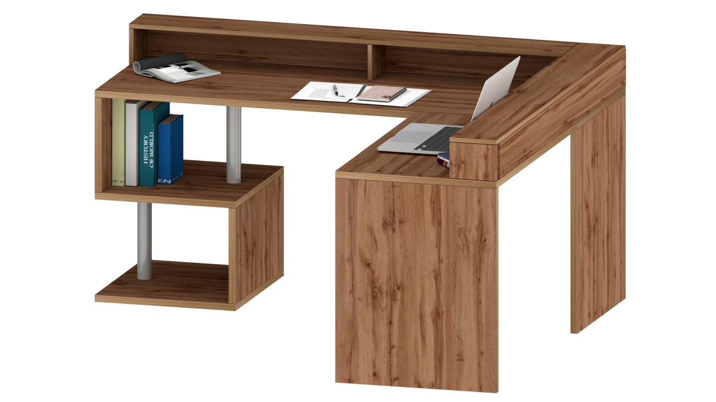 ESSE Corner Desk by Web Furniture. This space-efficient desk is designed to fit into corners and includes an elevated monitor stand for improved ergonomics and desktop organization. side view. Color wotan oak.