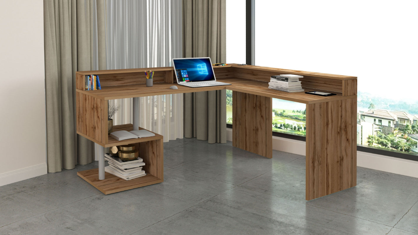 ESSE Corner Desk by Web Furniture. This space-efficient desk is designed to fit into corners and includes an elevated monitor stand for improved ergonomics and desktop organization. Wotan oak.