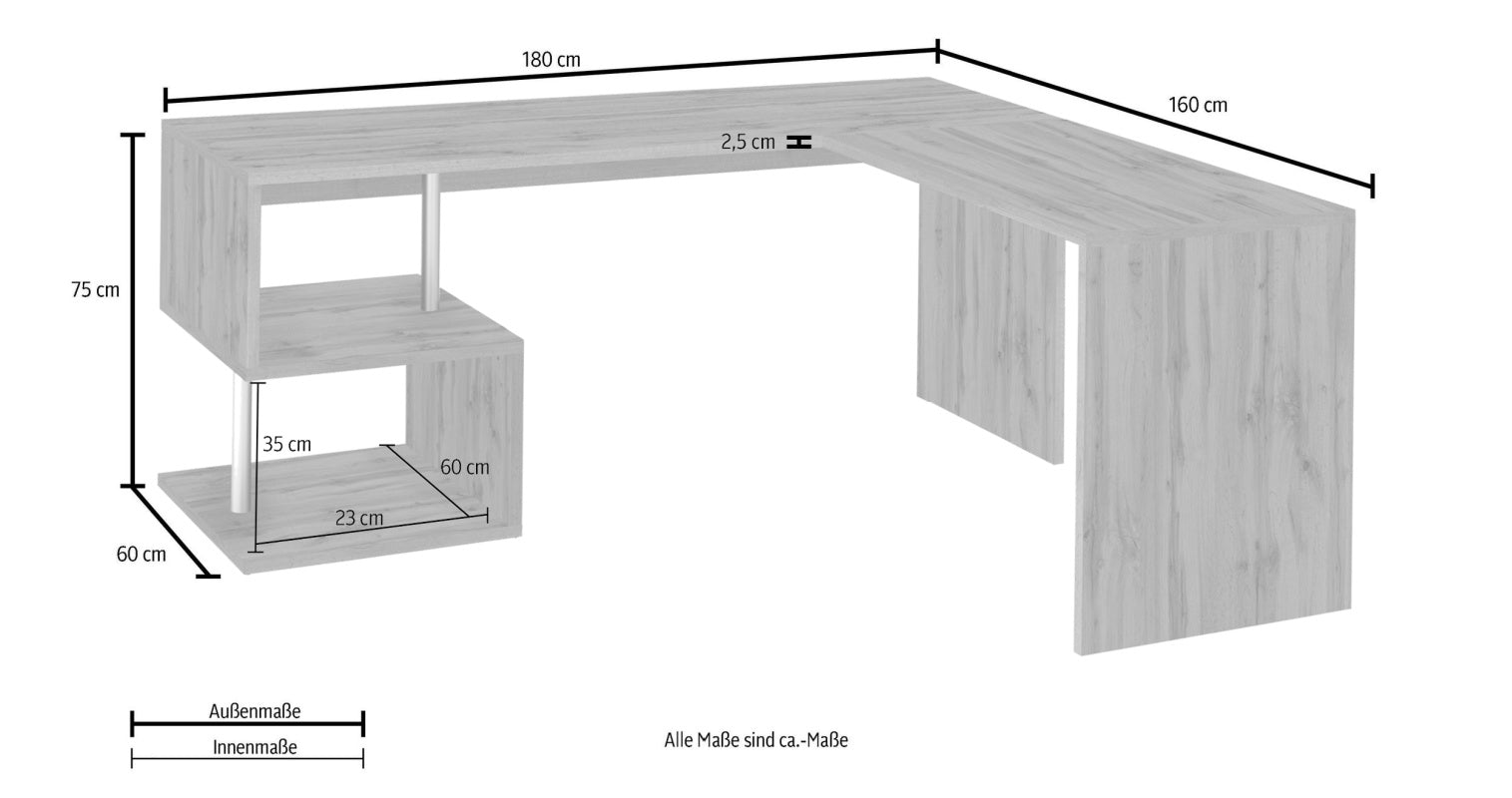 ESSE Corner Desk by Web Furniture. This efficient desk design fits neatly into room corners, maximizing the available workspace and floor area in a small office or home setting. Dimensions 