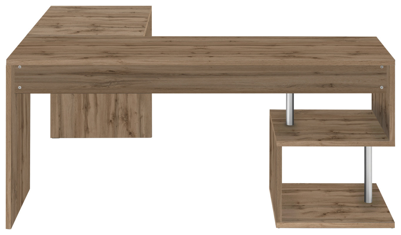 ESSE Corner Desk by Web Furniture. This efficient desk design fits neatly into room corners, maximizing the available workspace and floor area in a small office or home setting. Front view, wotan oak.