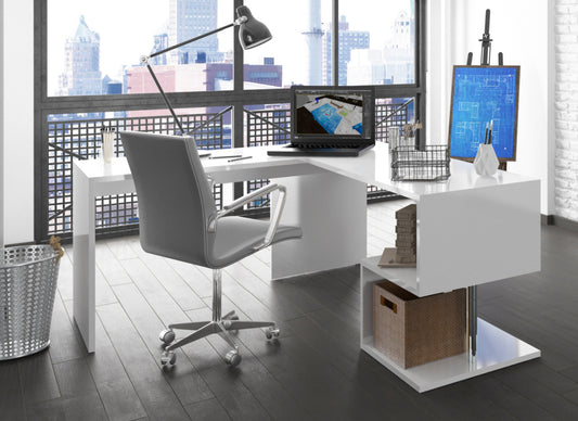 ESSE Corner Desk by Web Furniture. This efficient desk design fits neatly into room corners, maximizing the available workspace and floor area in a small office or home setting. Glossy white. Office setup, big window, desk lamp, laptop and office chair.