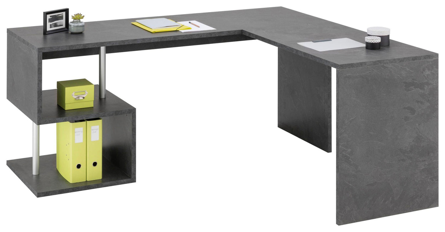 ESSE Corner Desk by Web Furniture. This efficient desk design fits neatly into room corners, maximizing the available workspace and floor area in a small office or home setting. Report.