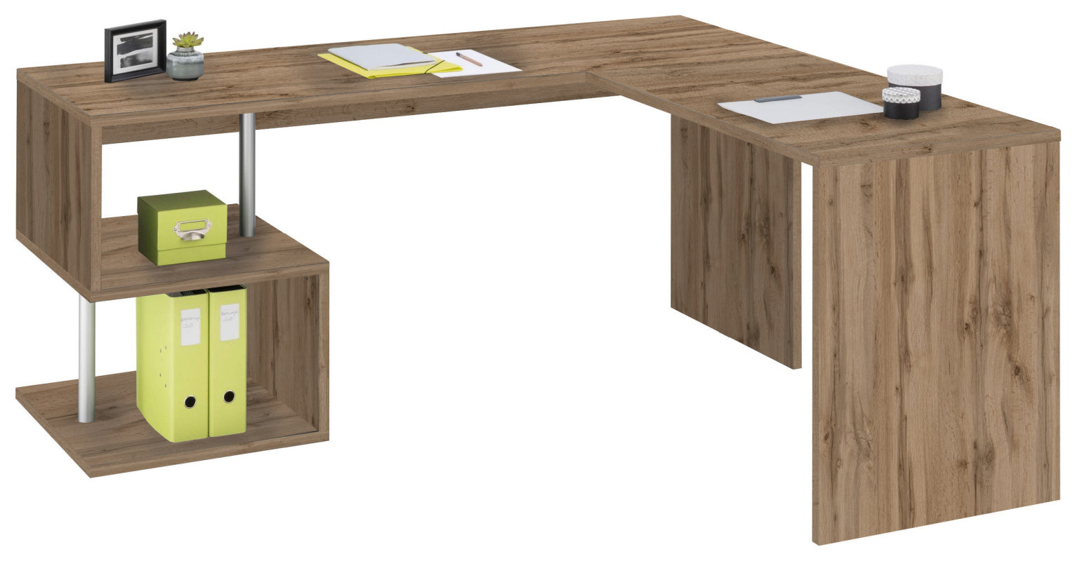 ESSE Corner Desk by Web Furniture. This efficient desk design fits neatly into room corners, maximizing the available workspace and floor area in a small office or home setting.