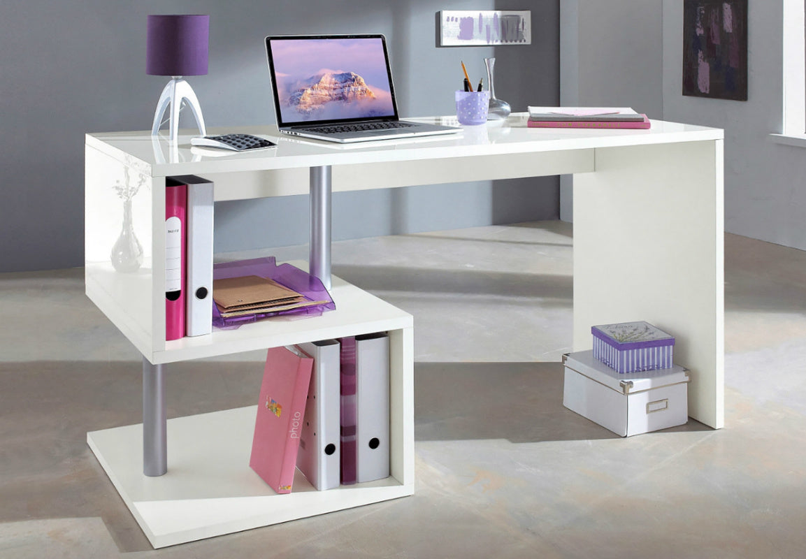 ESSE Desk by Web Furniture, featuring a 140 cm wide rectangular work surface. This standard size desk provides ample space for monitor(s) and essential supplies in a home or professional office. Glossy white.