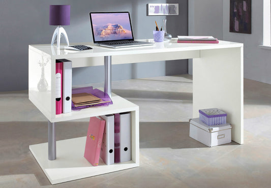 ESSE Desk by Web Furniture, featuring a 140 cm wide rectangular work surface. This standard size desk provides ample space for monitor(s) and essential supplies in a home or professional office. Glossy white.