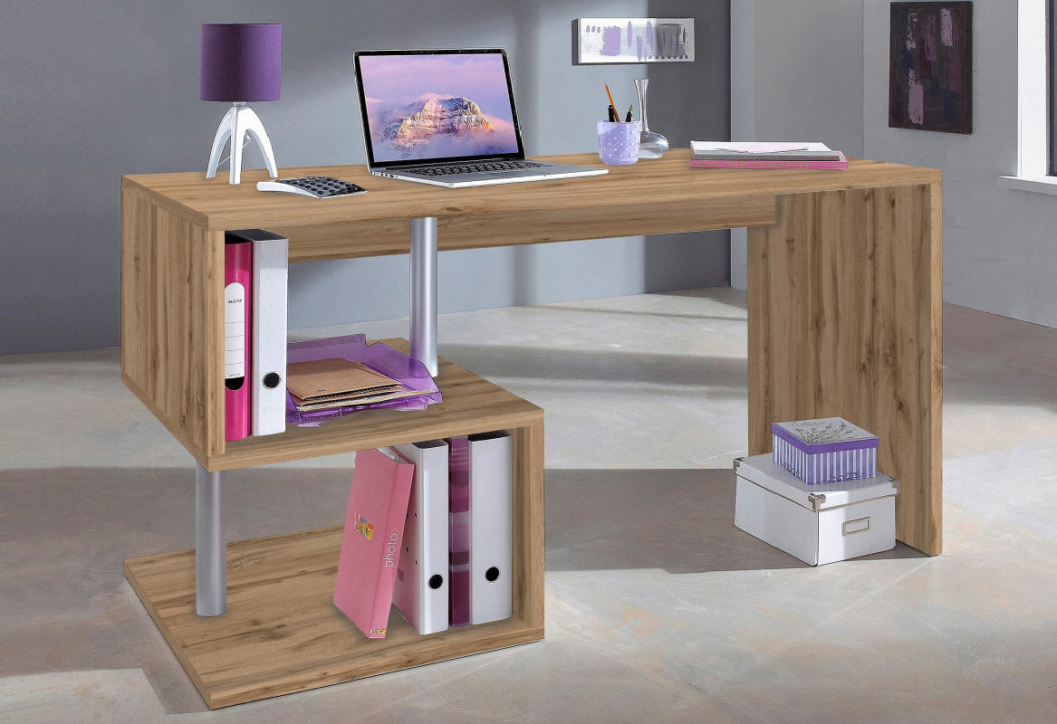 ESSE Desk by Web Furniture, featuring a 140 cm wide rectangular work surface. This standard size desk provides ample space for monitor(s) and essential supplies in a home or professional office. Wotan oak.