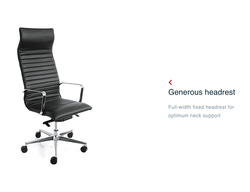 Fauteuil de direction ergonomique Seven en cuir noir avec piétement chromé et appui-tête fixe. Generous headrest