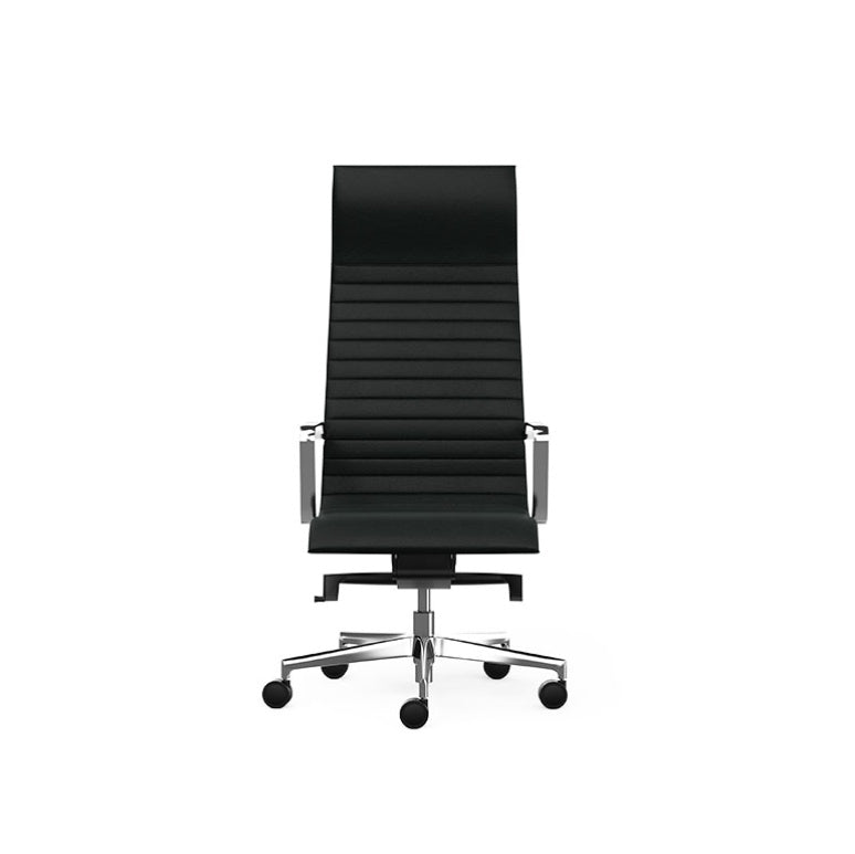 Fauteuil de direction ergonomique Seven en cuir noir avec piétement chromé et appui-tête fixe. Vue de face