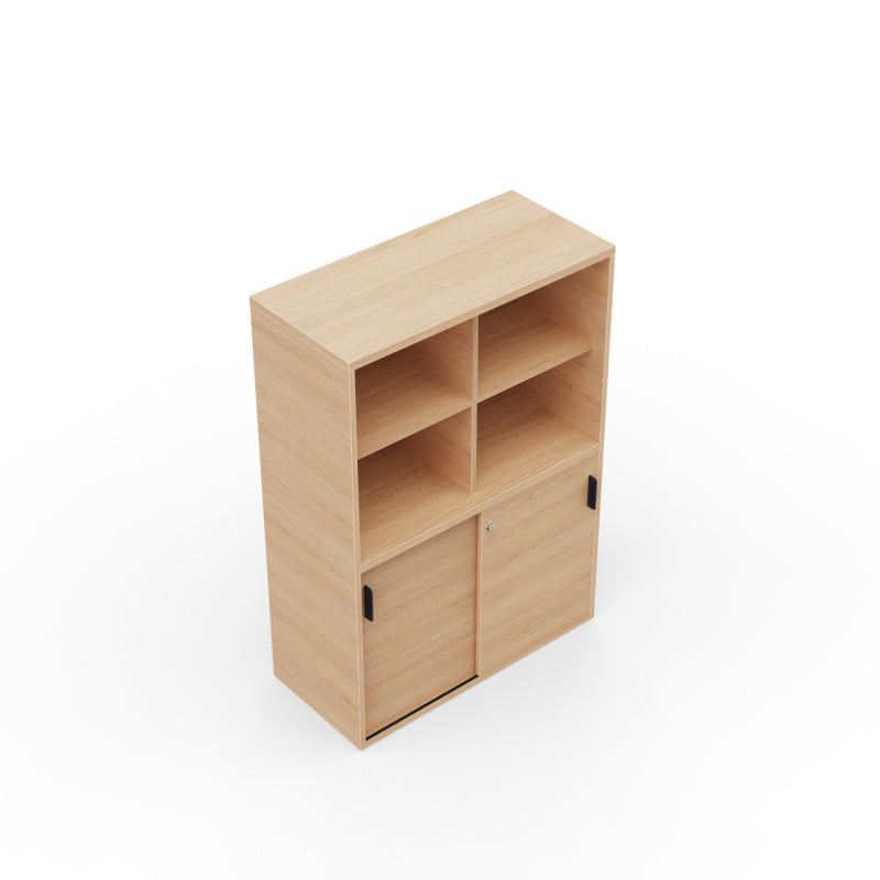 Kara Cupboard from EOL, measuring 144 cm tall, featuring two smooth sliding doors for concealed storage and integrated open shelving for display and easy access in the office arial view 