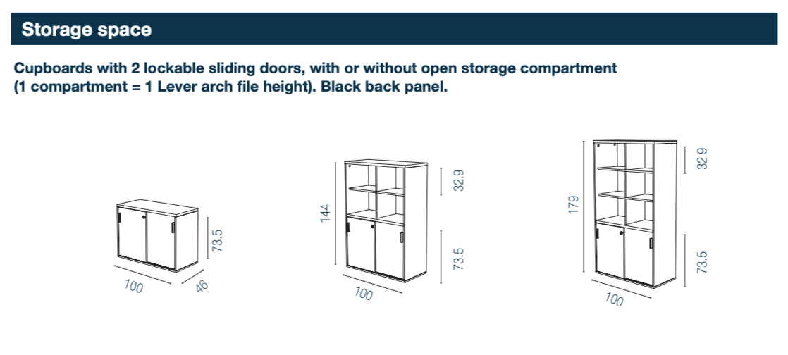 Kara Cupboard from EOL, measuring 179 cm tall, featuring two smooth sliding doors for concealed storage and six open compartments for easy access and display in the modern office Diagram of dimensions 