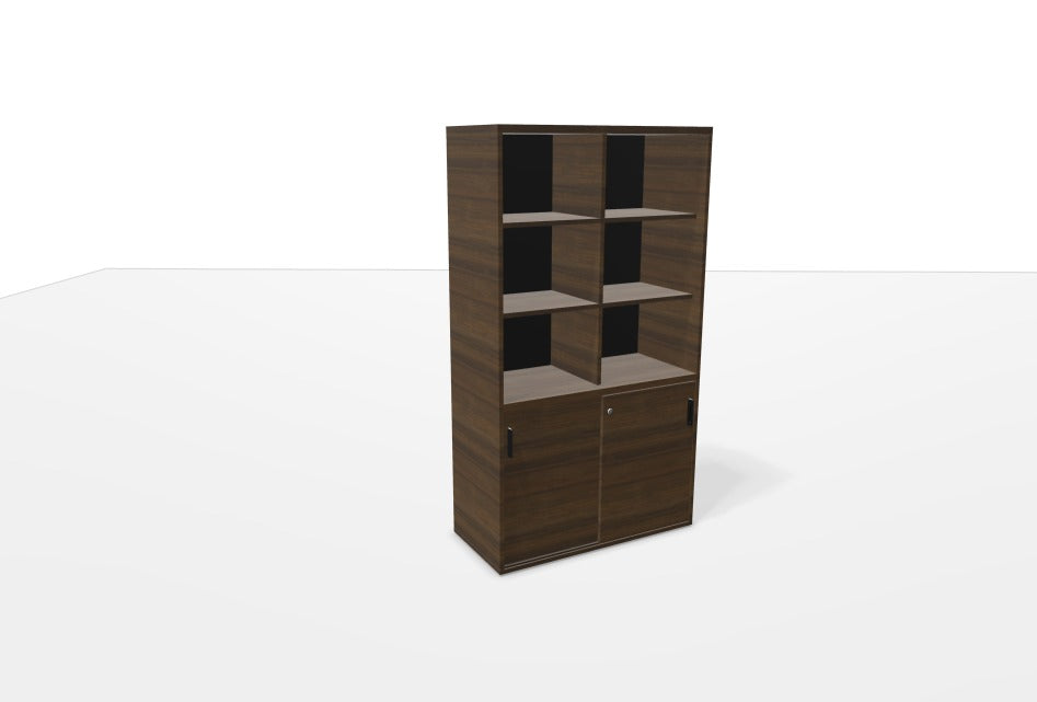 Kara Cupboard from EOL, measuring 179 cm tall, featuring two smooth sliding doors for concealed storage and six open compartments for easy access and display in the modern office dark walnut