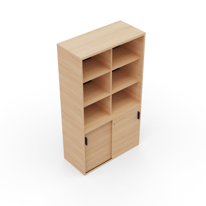 Kara Cupboard from EOL, measuring 179 cm tall, featuring two smooth sliding doors for concealed storage and six open compartments for easy access and display in the modern office natural oak
