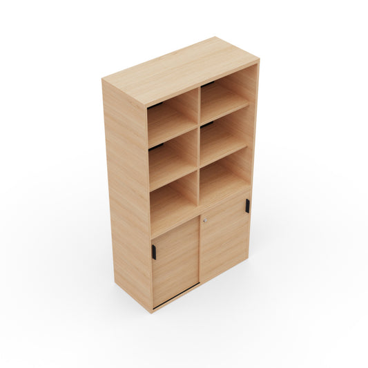 Kara Cupboard from EOL, measuring 179 cm tall, featuring two smooth sliding doors for concealed storage and six open compartments for easy access and display in the modern office natural oak