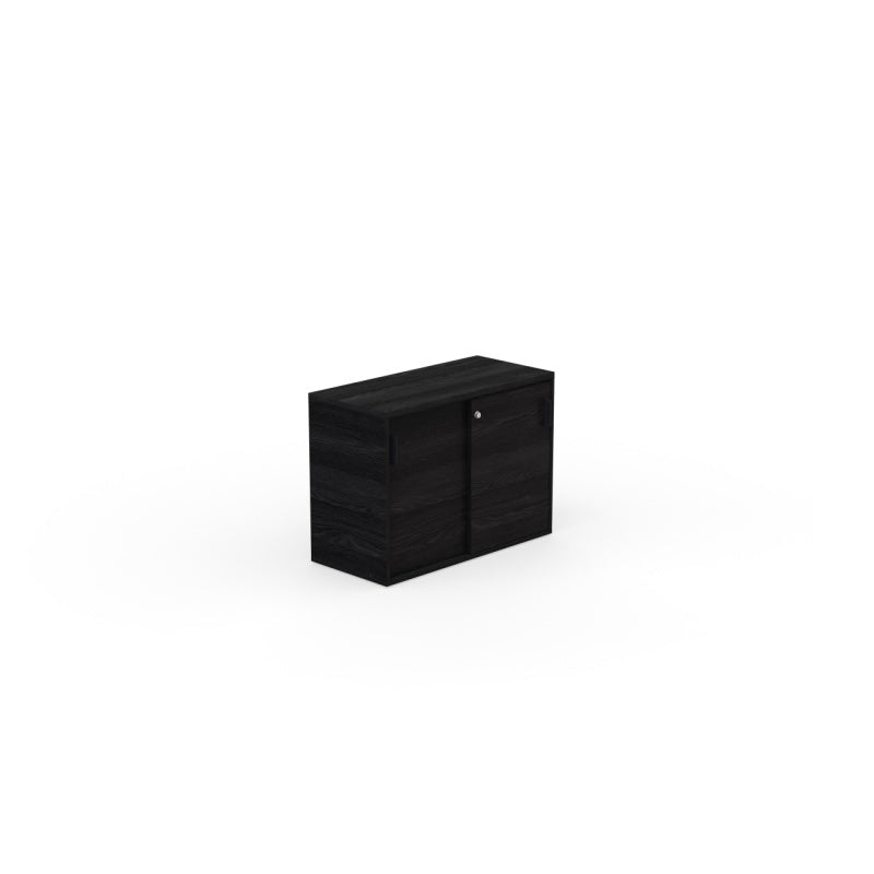 Kara Cupboard from EOL, measuring 73.5 cm tall, ideal for use as a compact credenza or lateral storage unit. Features two full-width sliding doors for entirely concealed office organization black wood 