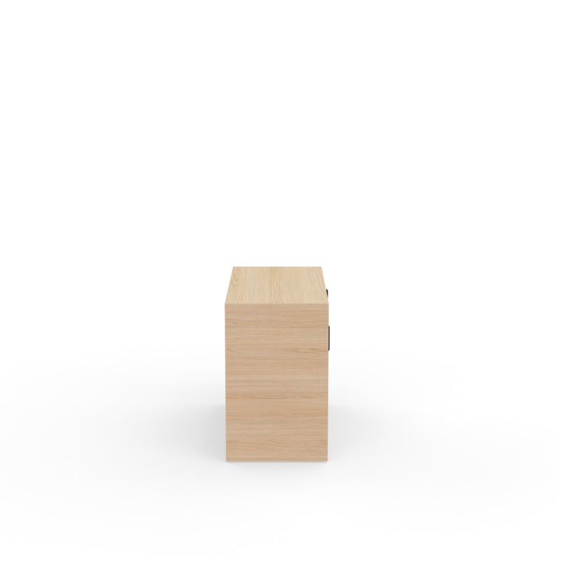 Kara Cupboard from EOL, measuring 73.5 cm tall, ideal for use as a compact credenza or lateral storage unit. Features two full-width sliding doors for entirely concealed office organization side view 