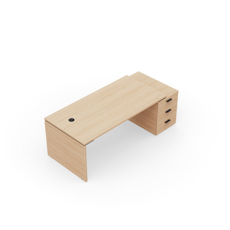 Kara Executive Desk from EOL featuring a large rectangular work surface with an integrated 3-drawer locking pedestal for secure filing and storage, ideal for a contemporary professional office. Arial view.