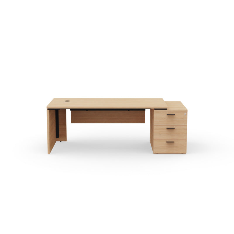 Kara Executive Desk from EOL featuring a large rectangular work surface with an integrated 3-drawer locking pedestal for secure filing and storage, ideal for a contemporary professional office. Back side view.