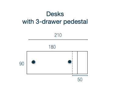 Kara Executive Desk from EOL featuring a large rectangular work surface with an integrated 3-drawer locking pedestal for secure filing and storage, ideal for a contemporary professional office. Diagram dimensions.